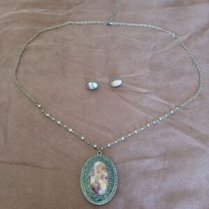 Boho Agate Stone Oval Pendant Necklace + Stud Earring Set | Antique Gold